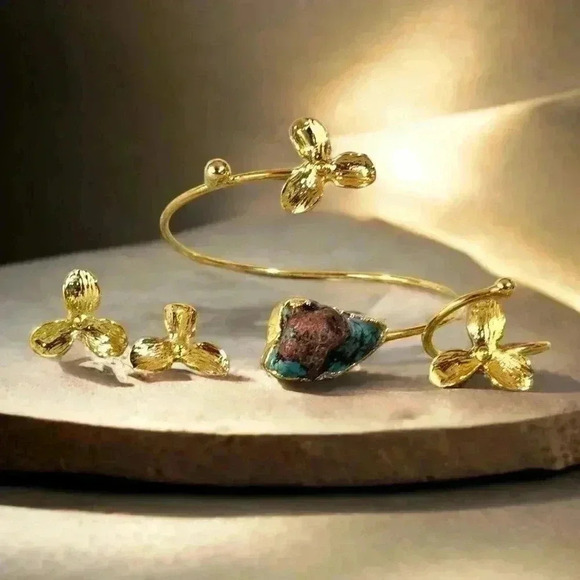 🆕Turkish 18K Gold Plated Artisan Set w/ Turquoise Gemstone 🌟Adjustable Fit - Picture 7 of 9